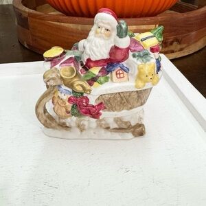 Vintage Christmas Santa Sleigh with Presents Porcelain Sugar Bowl Trinket Dish